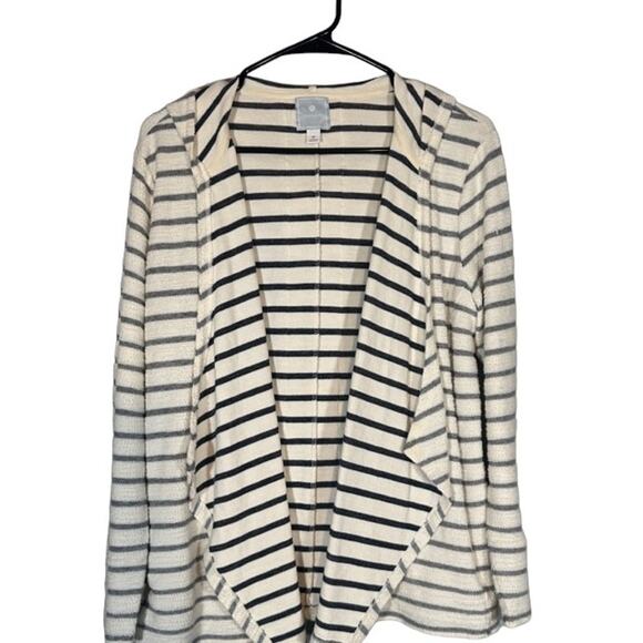 Sunday White Striped Lace Detail Hooded Knit Open Front Cardigan Women Sz M - Picture 1 of 13